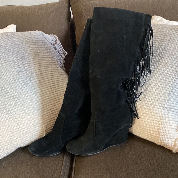 FREE PEOPLE 100% SUEDE LEATHER FRINGE TALL KNEE BOOTS FRINGE WEDGE - Picture 13 of 13